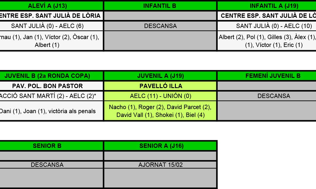 RESULTATS DEL CAP DE SETMANA (31-01-16)
