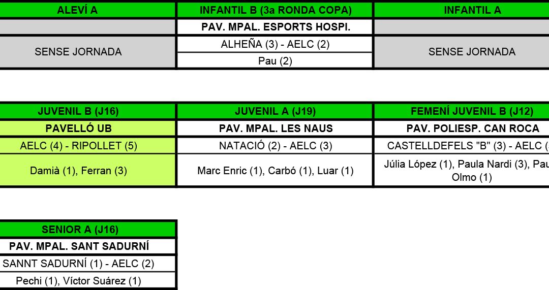 RESULTATS DEL CAP DE SETMANA (29-01-17)